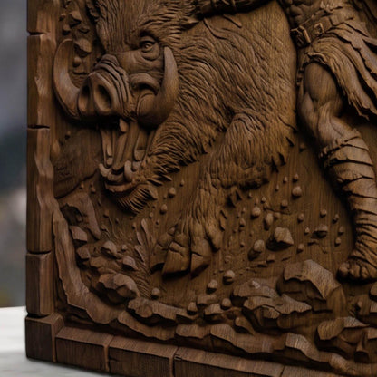 Hercules Fighting the Wild Boar from Ancient Greek Mythology 3D Wooden Bas Relief Panel Art Sculptural Gift Idea Cretan Holy Carvings