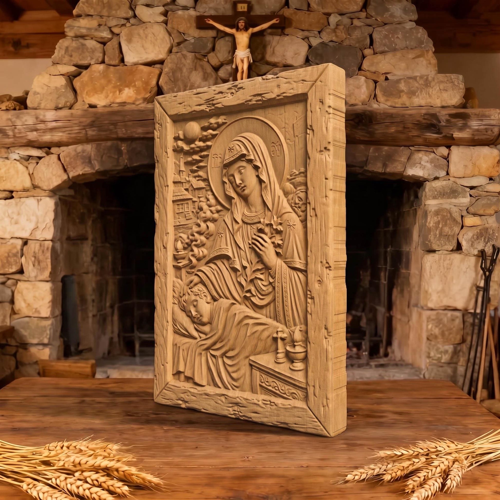 Virgin Mary Protects the Children Wooden Carved Handmade Christian Icon  Byzantine Greek Orthodox Home Decor Cretan Holy Carvings