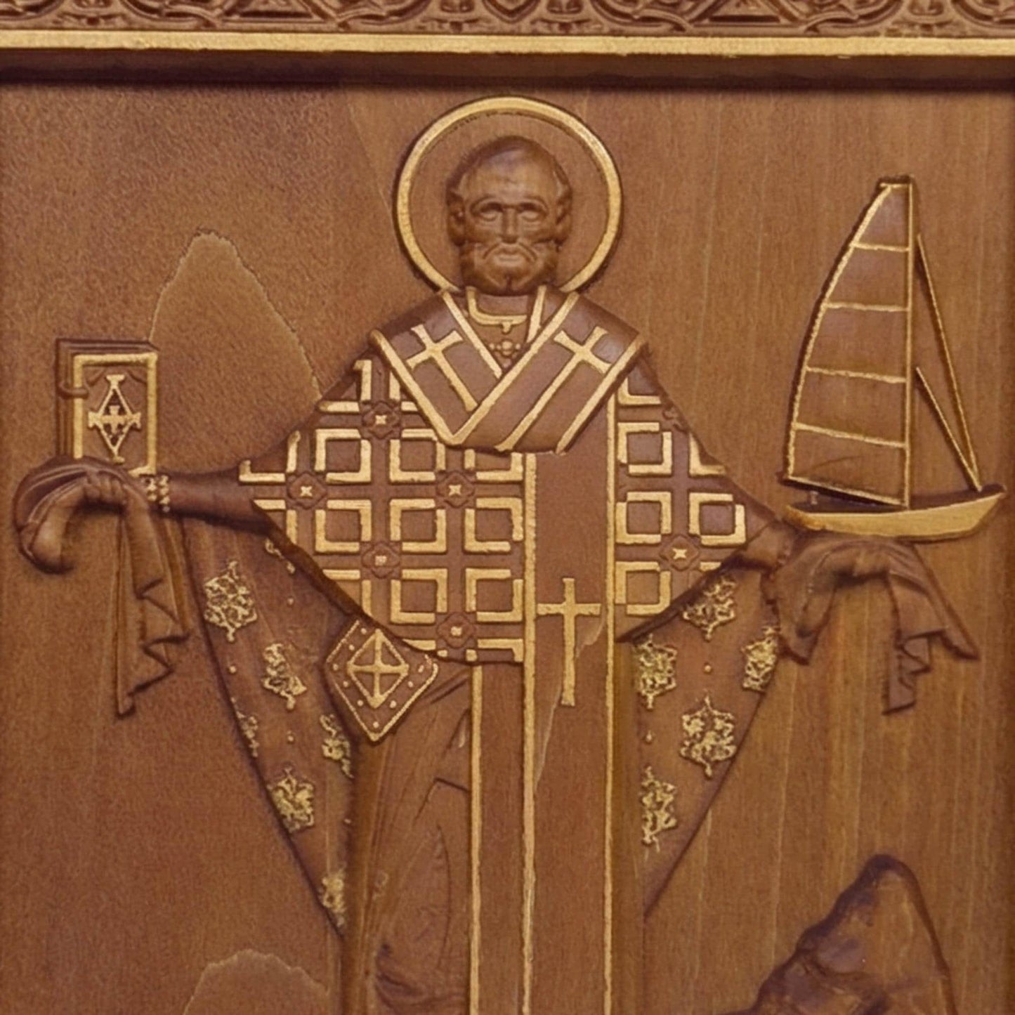 Saint Nicholas Wooden Carved Handmade Christian Icon. Byzantine Greek Orthodox Home Art Decor.