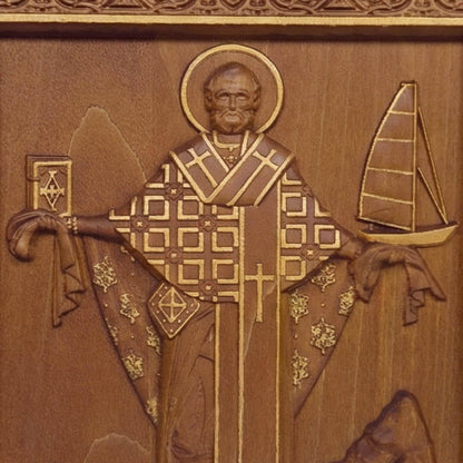 Saint Nicholas Wooden Carved Handmade Christian Icon. Byzantine Greek Orthodox Home Art Decor.