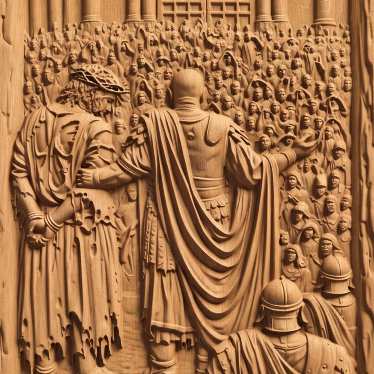 Jesus Christ in Front of the Condemning Crowd Wooden Carved Handmade Christian Icon  Byzantine Greek Orthodox Home Decor Cretan Holy Carvings