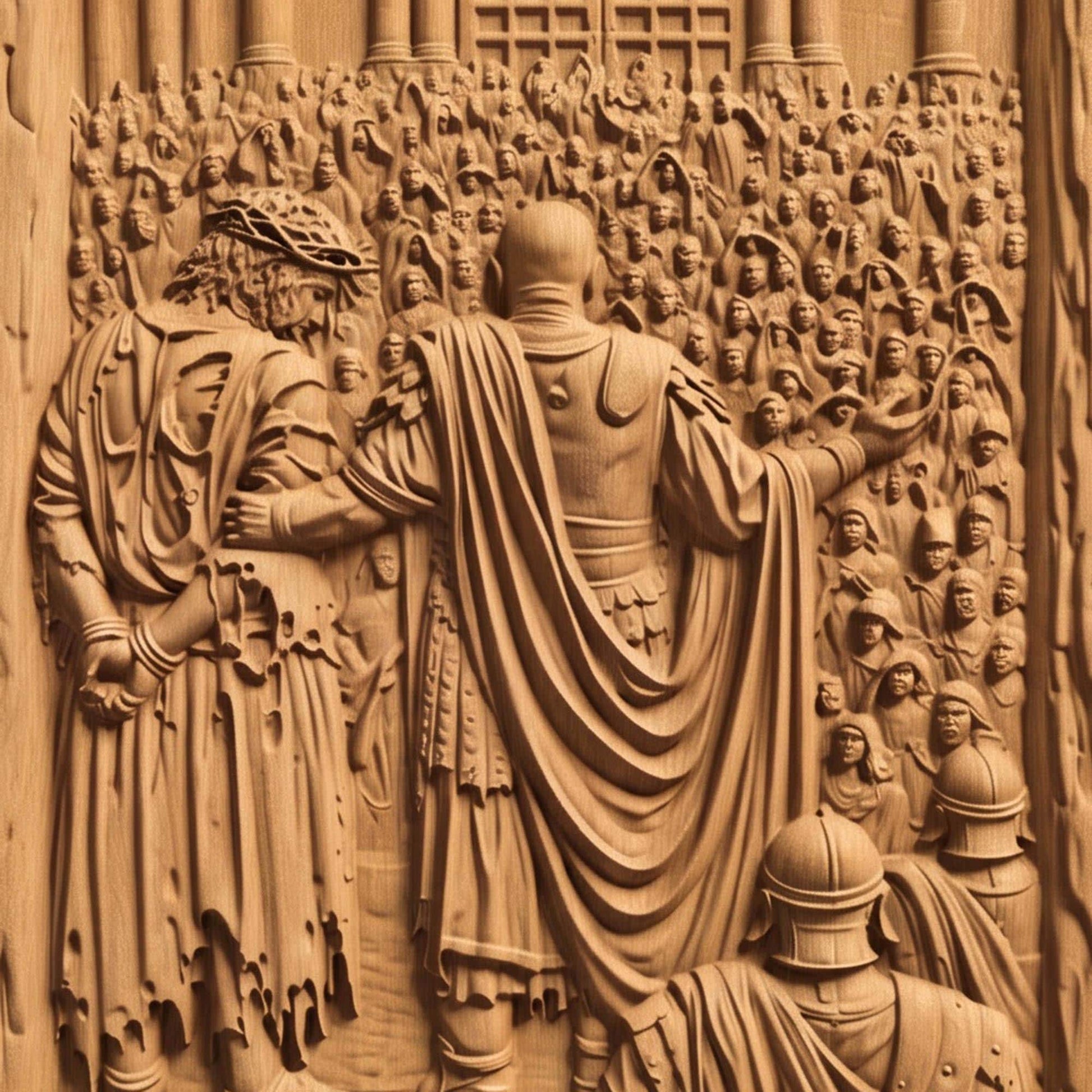 Jesus Christ in Front of the Condemning Crowd Wooden Carved Handmade Christian Icon  Byzantine Greek Orthodox Home Decor Cretan Holy Carvings