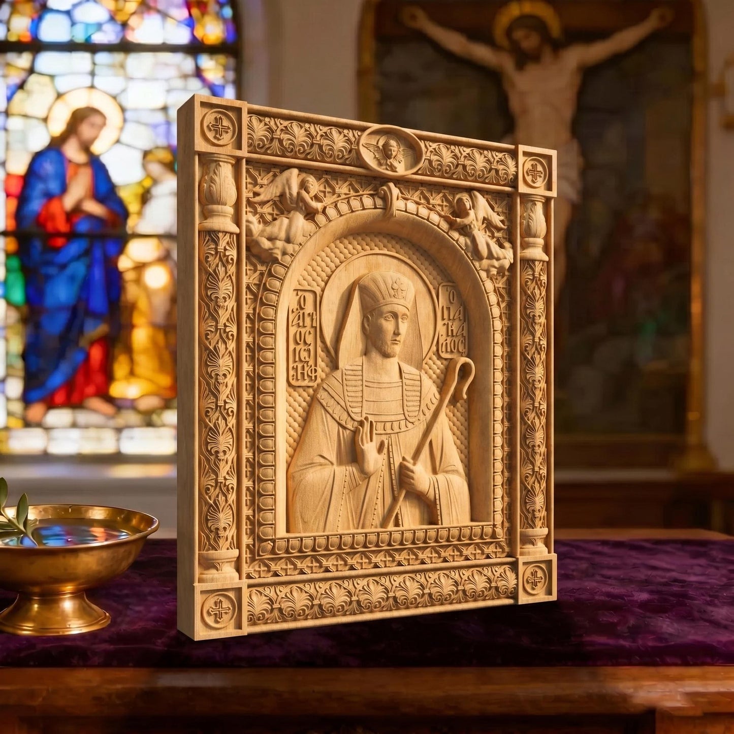 Patriarch Joseph Wooden Carved Handmade Christian Icon | Byzantine Greek Orthodox Home Art Decor