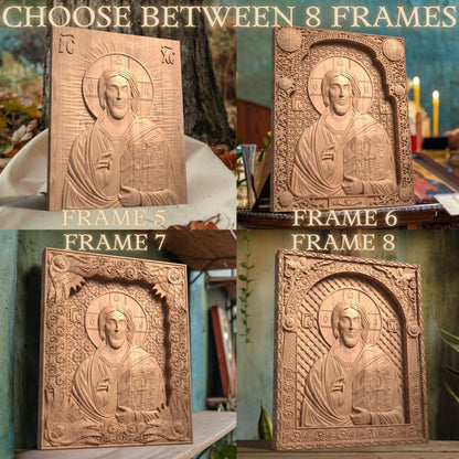 Christ Pantocrator of Sinai Wooden Carved Handmade Christian Icon. Byzantine Greek Orthodox Home Decor.