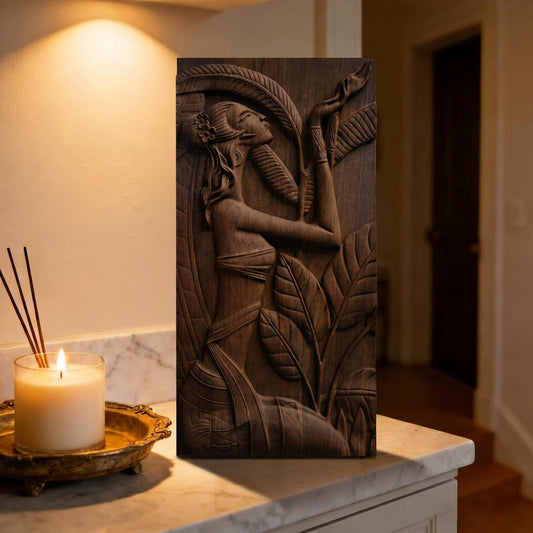 May include: A dark brown wooden relief carving of a woman amidst large leaves. The woman is depicted with her arms raised, and the carving is detailed with intricate lines. The artwork is rectangular and stands upright.