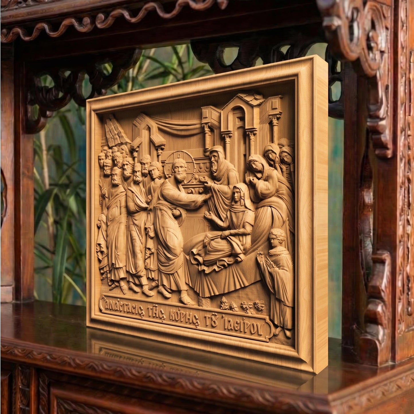 Jesus Raising the Daughter of Jairus Wooden Carved Handmade Christian Icon | Byzantine Greek Orthodox Home Art Decor