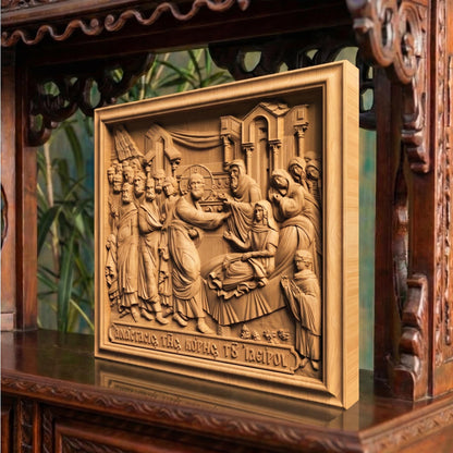 Jesus Raising the Daughter of Jairus Wooden Carved Handmade Christian Icon | Byzantine Greek Orthodox Home Art Decor
