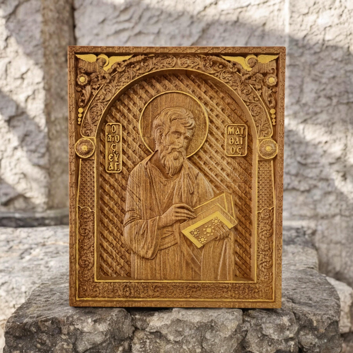 Matthew the Evangelist Wooden Carved Handmade Christian Icon. Byzantine Greek Orthodox Home Art Decor.