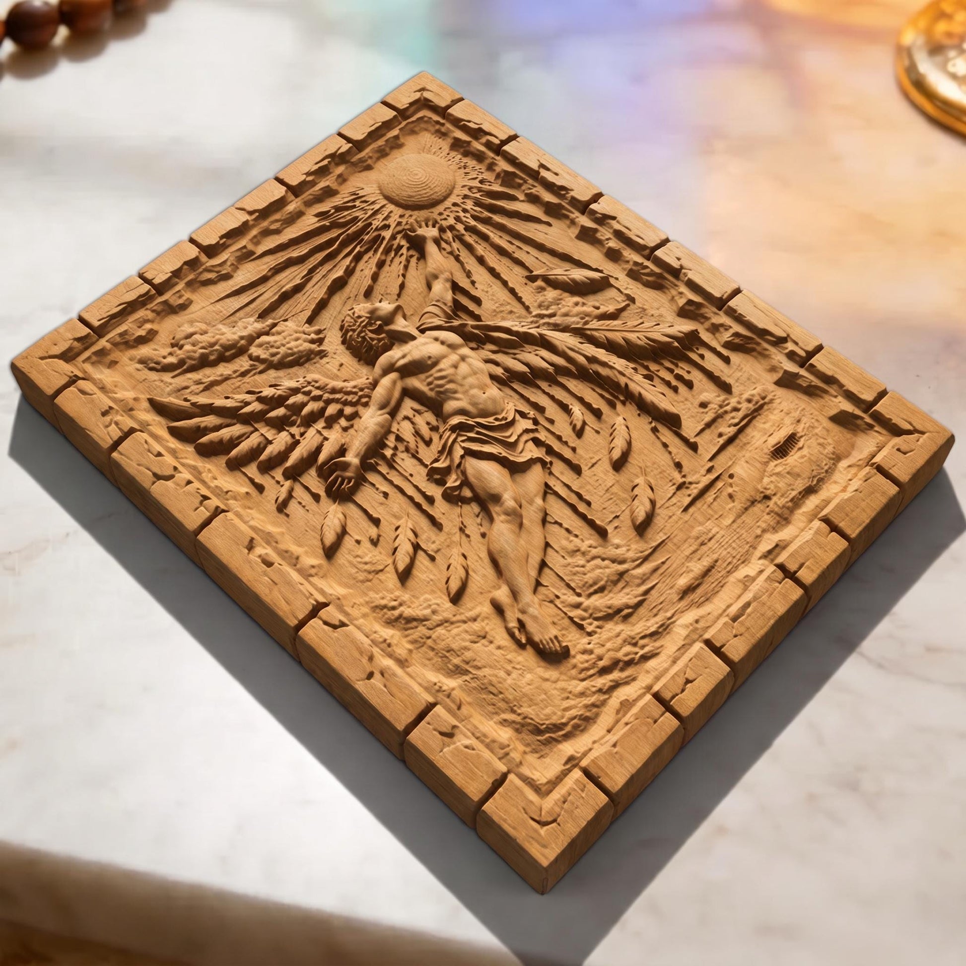 Icarus Melting Wings from Ancient Greek Mythology 3D Wooden Bas Relief Panel Art Sculptural Gift Idea Cretan Holy Carvings