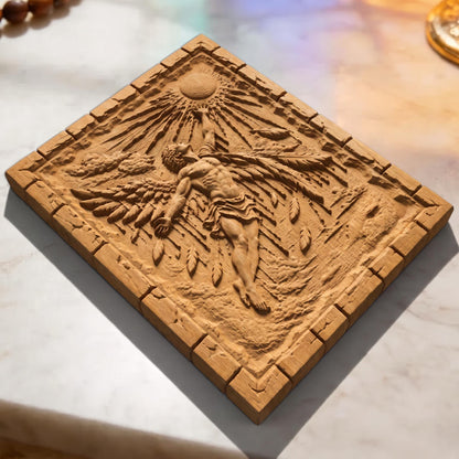 Icarus Melting Wings from Ancient Greek Mythology 3D Wooden Bas Relief Panel Art Sculptural Gift Idea Cretan Holy Carvings