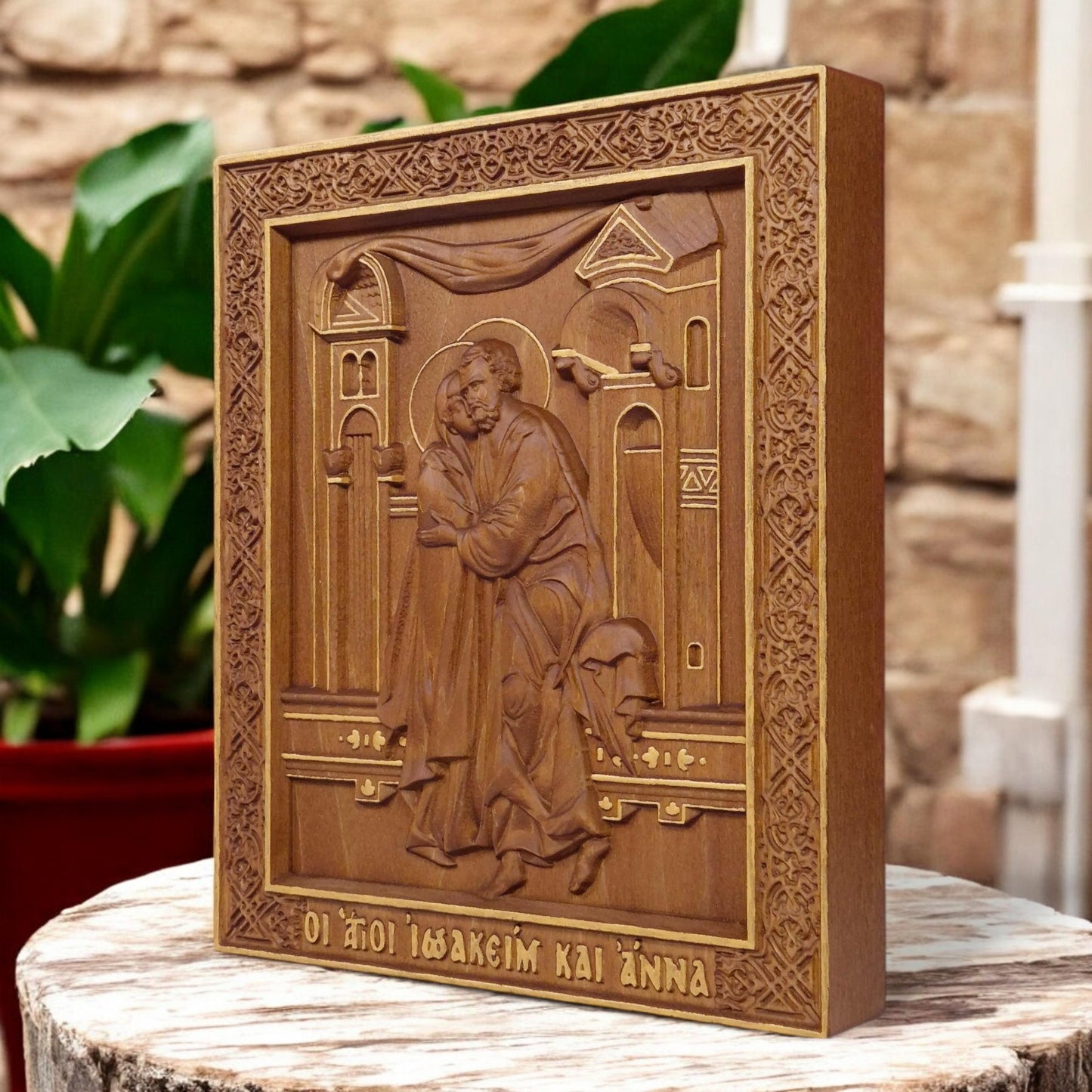 Saints Joachim and Anne Wooden Carved Handcrafted Christian Religious Icon. Byzantine Home Wall Art Decor Gift. Orthodox Greek Sculpture.