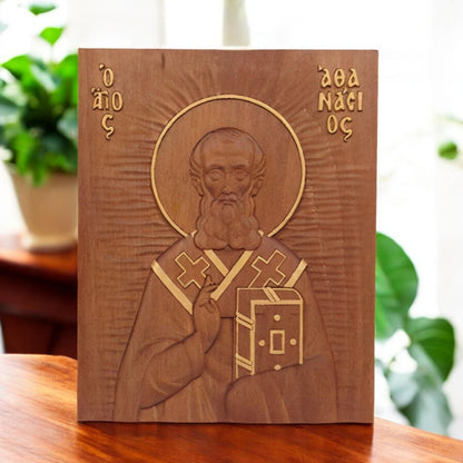 Saint Athanasius of Alexandria Wooden Carved Handmade Christian Icon. Byzantine Greek Orthodox Home Decor.