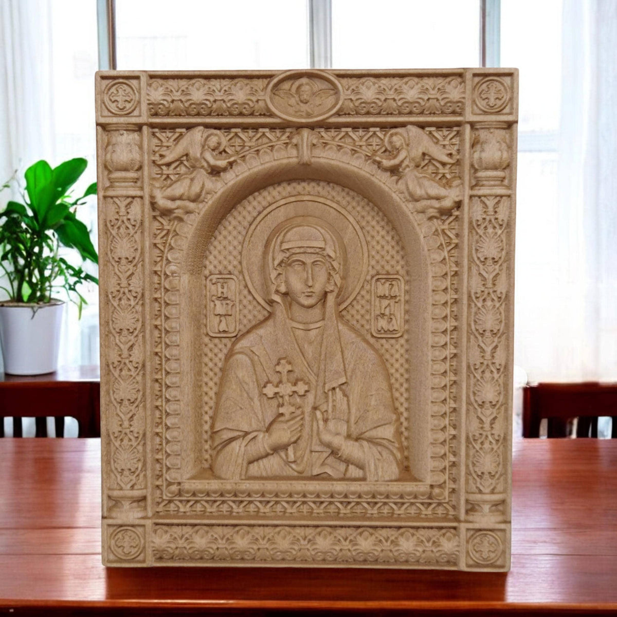 Saint Marina Wooden Carved Handmade Christian Icon. Byzantine Greek Orthodox Home Art Decor.