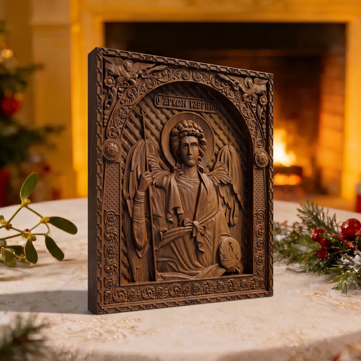 Archangel Gabriel Wooden Carved Handmade Christian Icon | Byzantine Greek Orthodox Home Art Decor