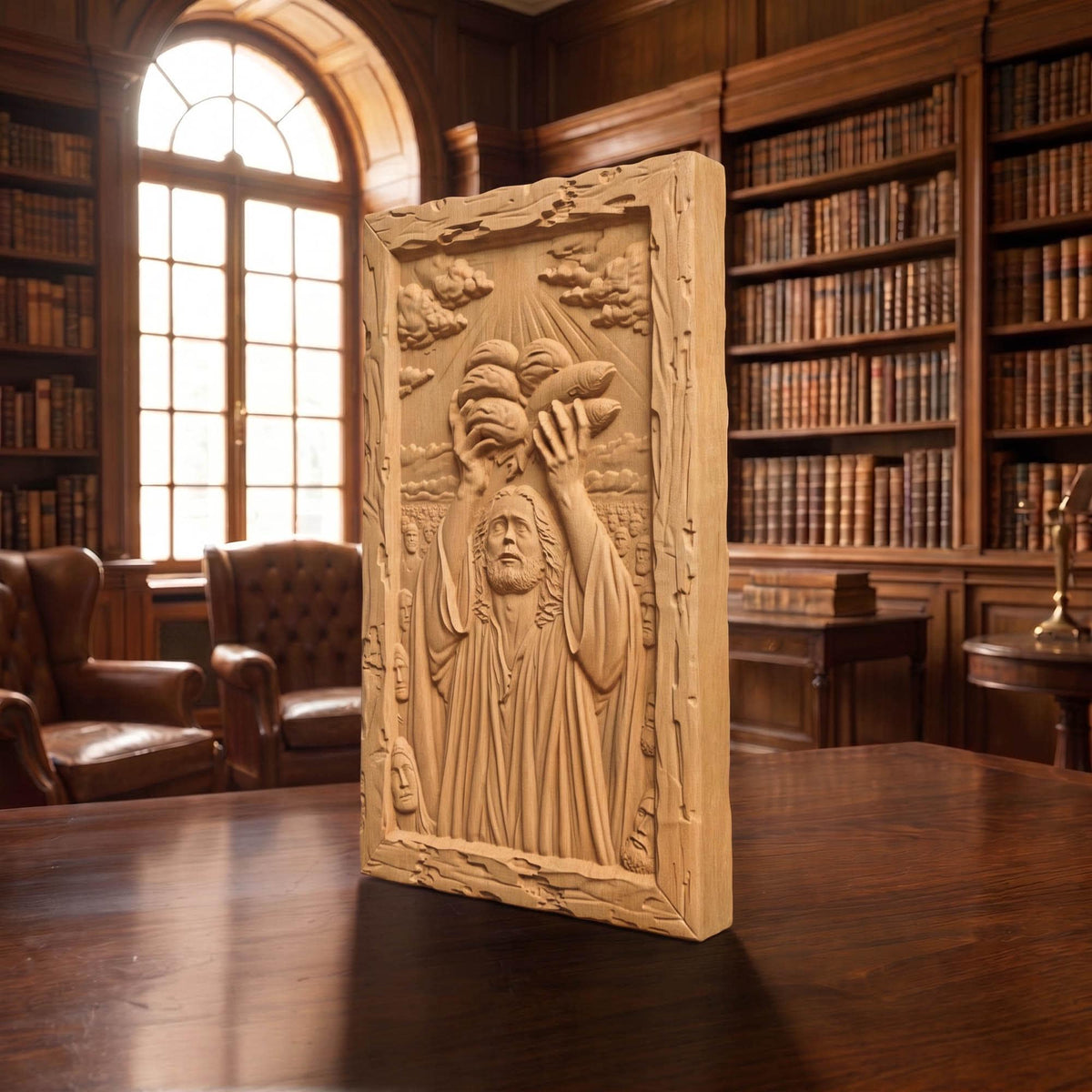 Jesus Christ Feeds the 5000 Wooden Carved Handmade Christian Icon  Byzantine Greek Orthodox Home Decor Cretan Holy Carvings