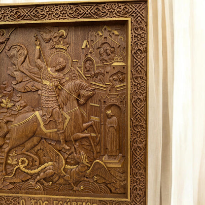 Saint George Wooden Carved Handmade Christian Icon. Byzantine Greek Orthodox Home Art Decor.