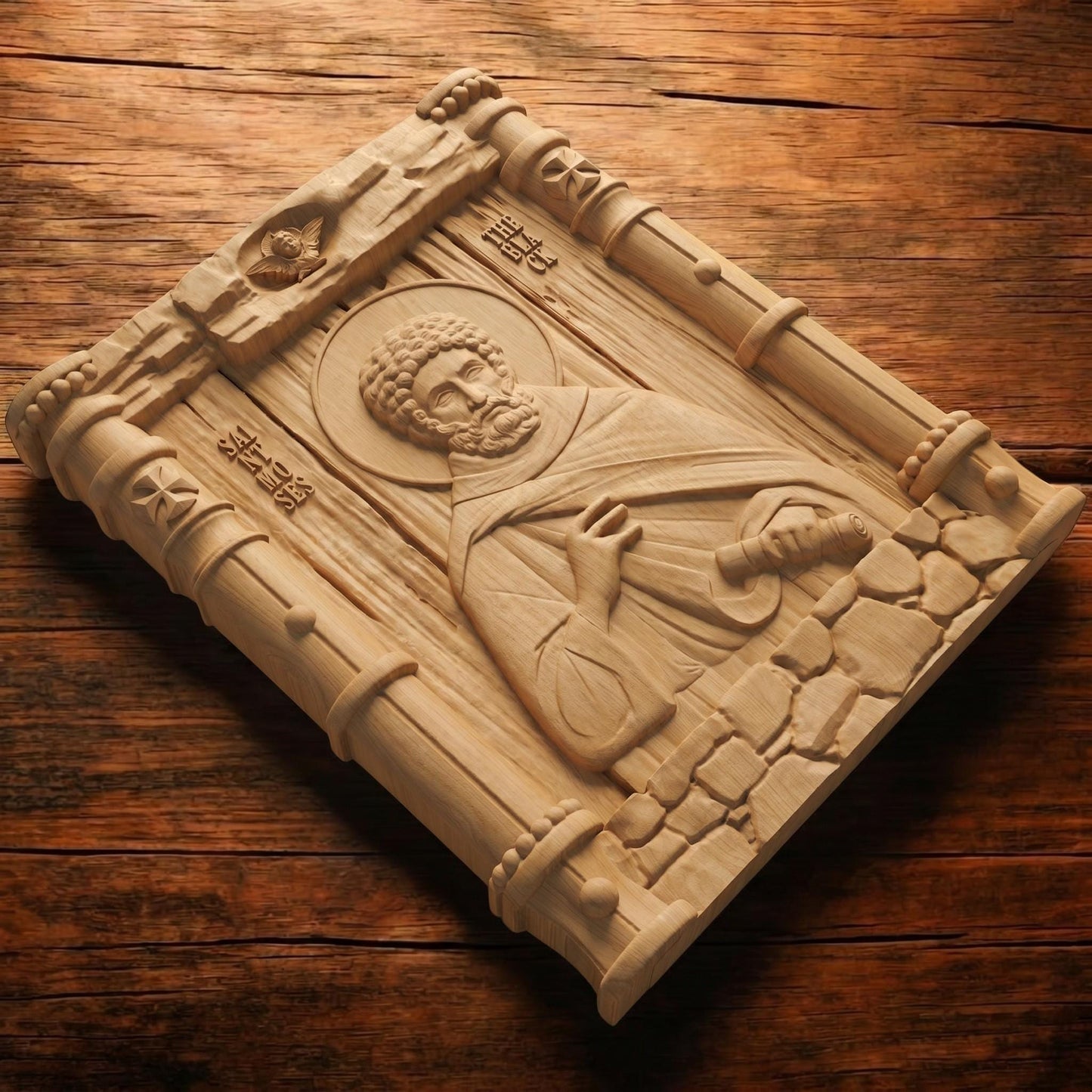 Saint Moses the Black Wooden Carved Handmade Christian Icon Patron Saint of Africa and non-violence Flat Side Natural Wood Color Cretan Holy Carvings