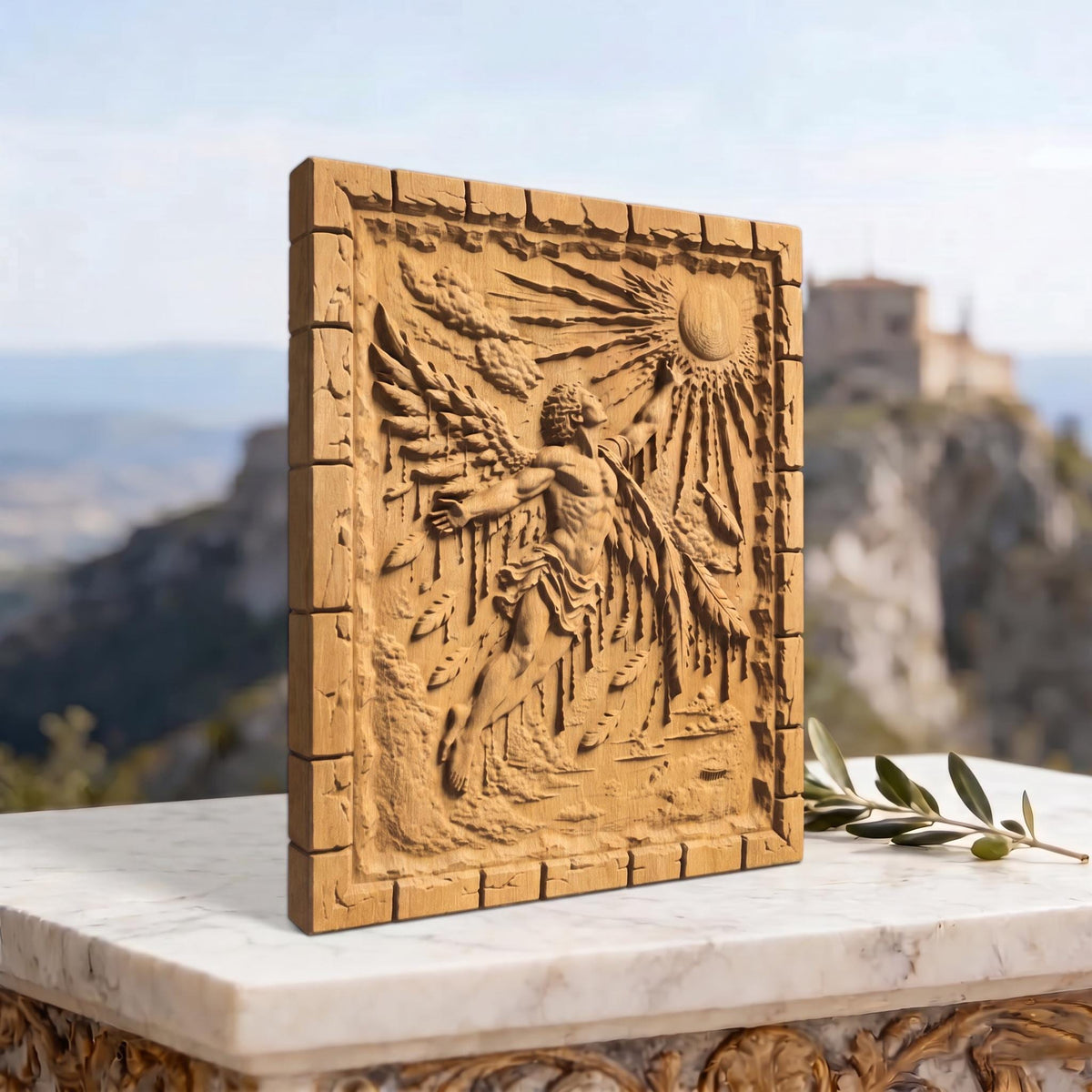 Icarus Melting Wings from Ancient Greek Mythology 3D Wooden Bas Relief Panel Art Sculptural Gift Idea Cretan Holy Carvings
