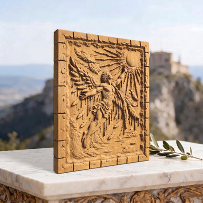 Icarus Melting Wings from Ancient Greek Mythology 3D Wooden Bas Relief Panel Art Sculptural Gift Idea Cretan Holy Carvings
