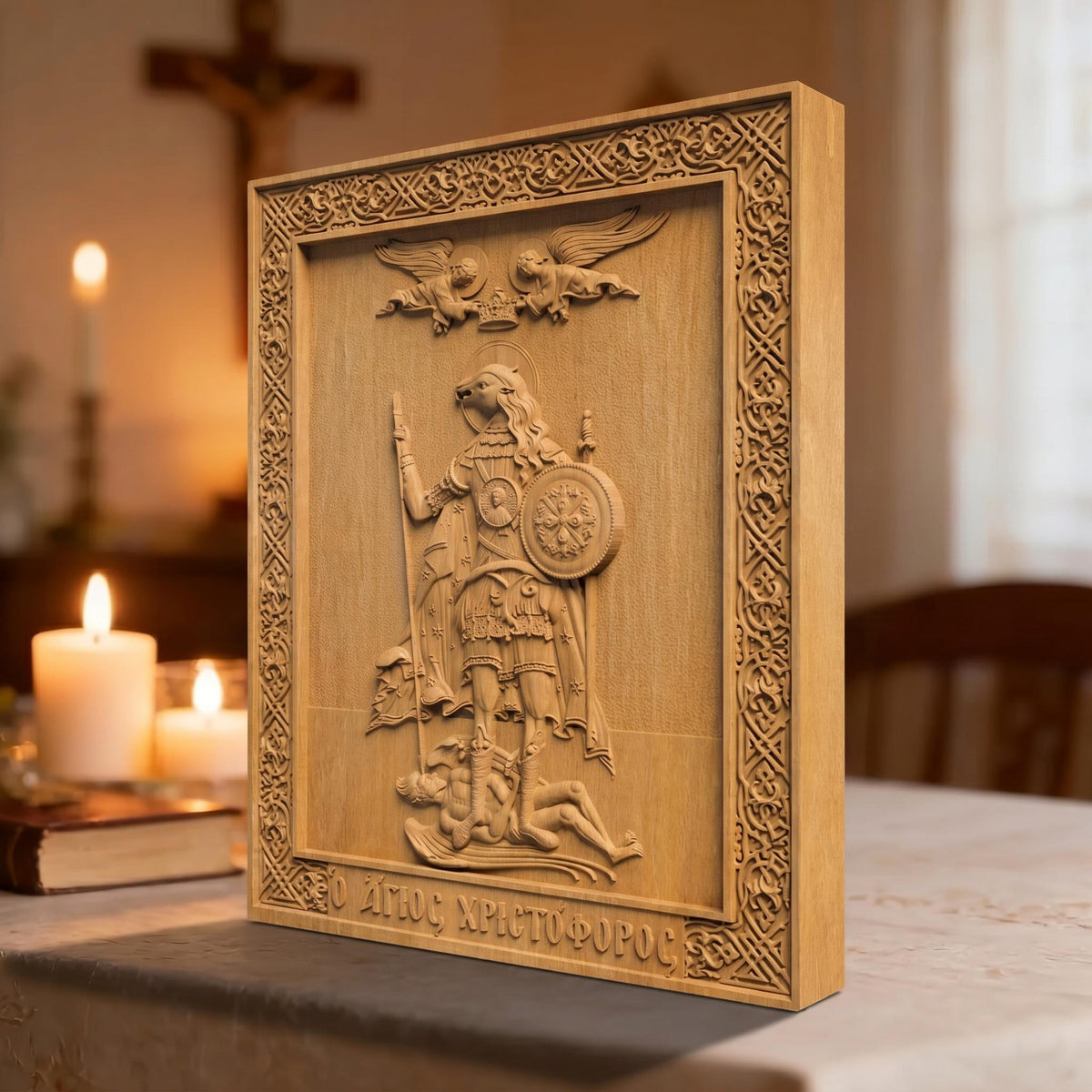 Saint Christopher the Dog Head Wooden Carved Handmade Christian Icon. Byzantine Greek Orthodox Home Decor.