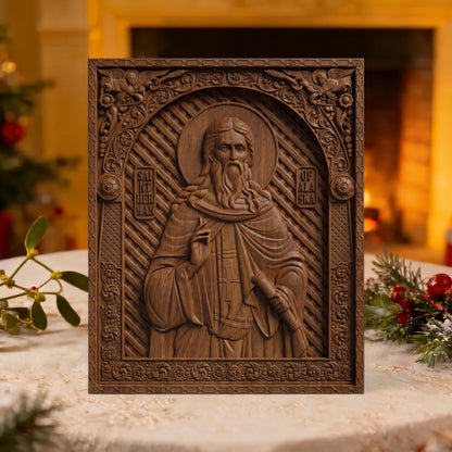 Saint Herman of Alaska Wooden Carved Handmade Christian Icon | Byzantine Greek Orthodox Home Art Decor