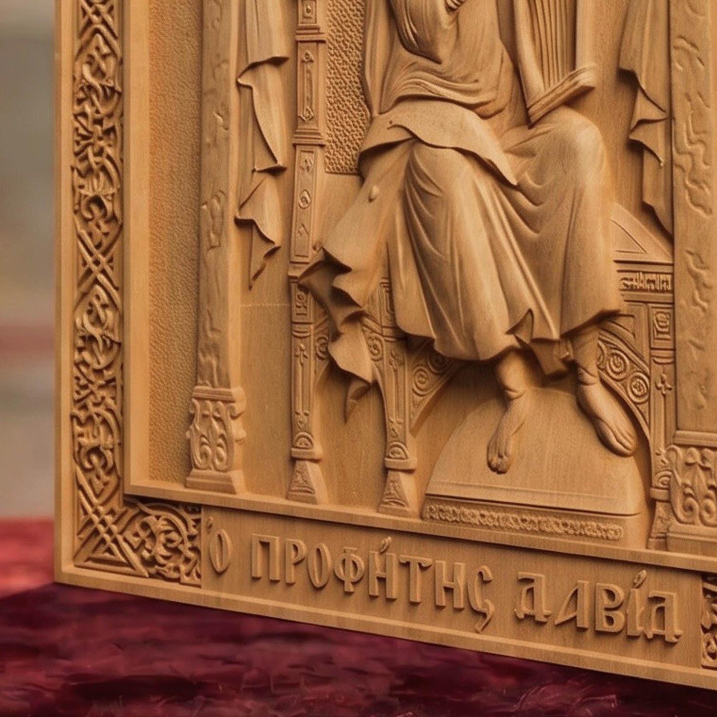 Prophet and King David Wooden Carved Handmade Christian Icon Right Side Natural Wood Color Cretan Holy Carvings