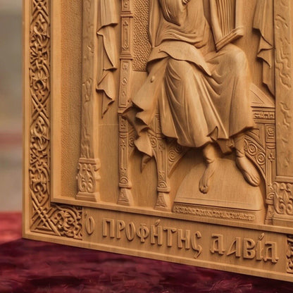 Prophet and King David Wooden Carved Handmade Christian Icon Right Side Natural Wood Color Cretan Holy Carvings
