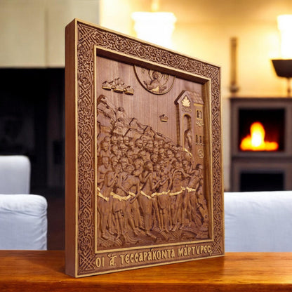 Forty Martyrs of Sebaste Wooden Carved Handmade Christian Icon. Byzantine Greek Orthodox Home Decor.
