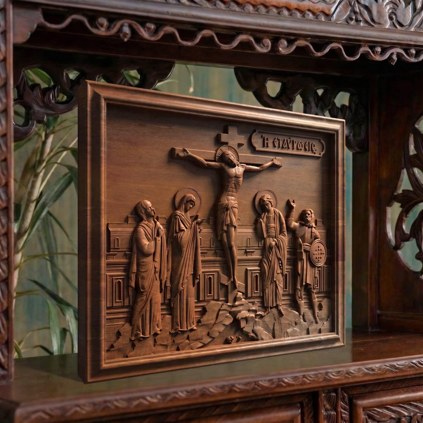 The Crucifixion of Jesus Christ Wooden Carved Handmade Christian Icon | Byzantine Greek Orthodox Home Art Decor