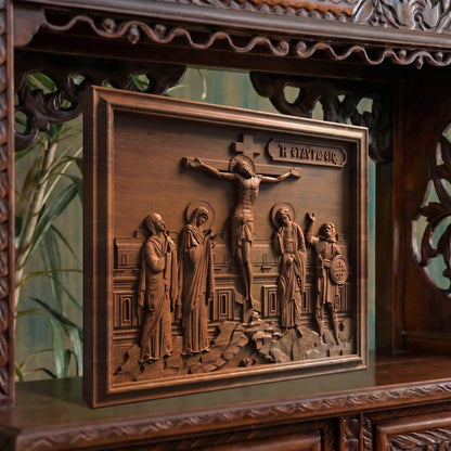The Crucifixion of Jesus Christ Wooden Carved Handmade Christian Icon | Byzantine Greek Orthodox Home Art Decor