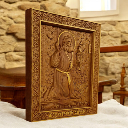 Saint Seraphim of Sarov Wooden Carved Handmade Christian Icon. Byzantine Greek Orthodox Home Decor.