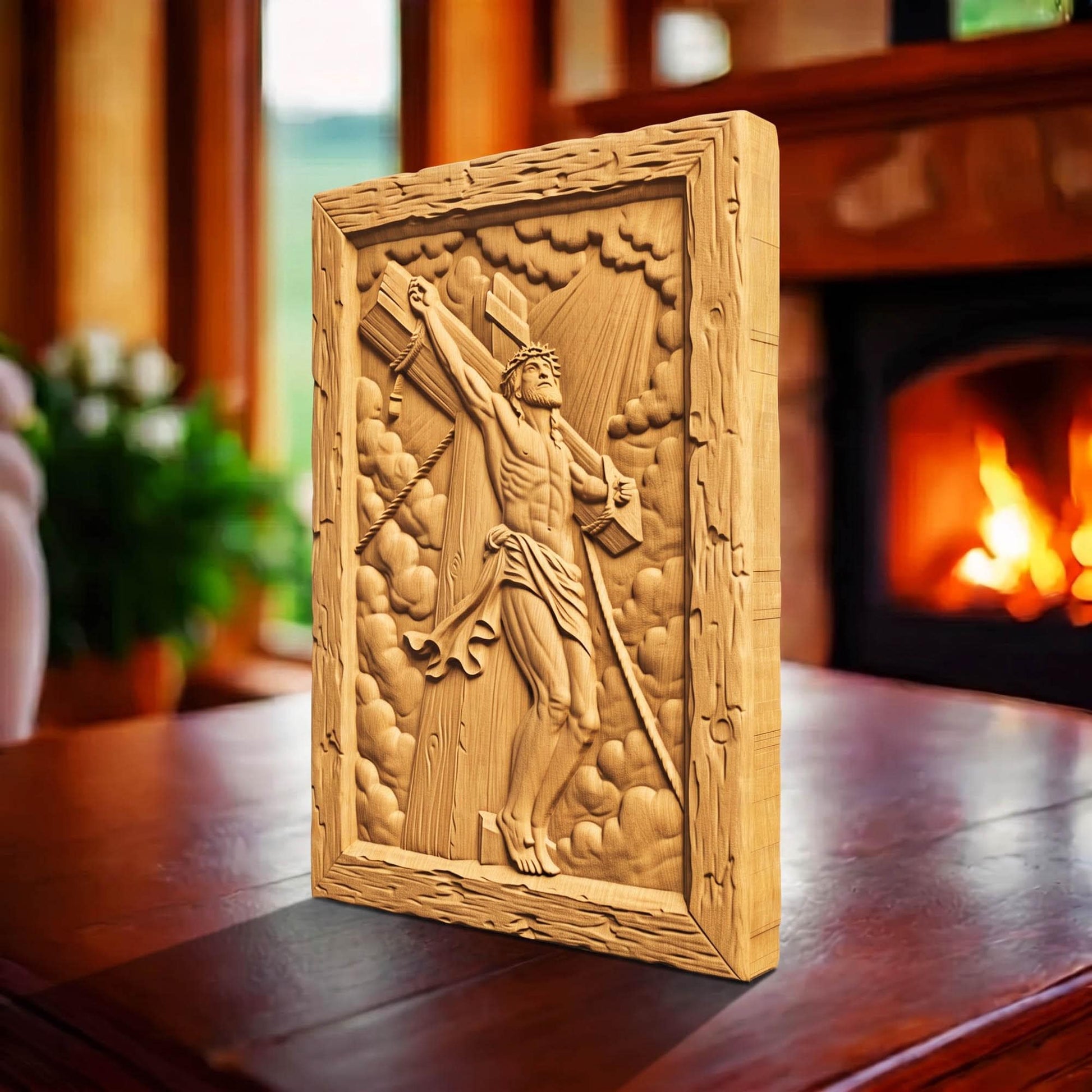 Jesus Crusifixion Wooden Carved Handmade Christian Icon  Byzantine Greek Orthodox Home Art Decor Cretan Holy Carvings