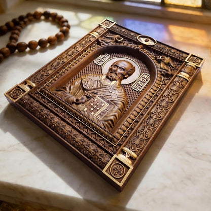 Saint Nicholas Wooden Carved Handmade Christian Icon Patron Saint of Sailors Flat Side Golden Dark Cretan Holy Carvings