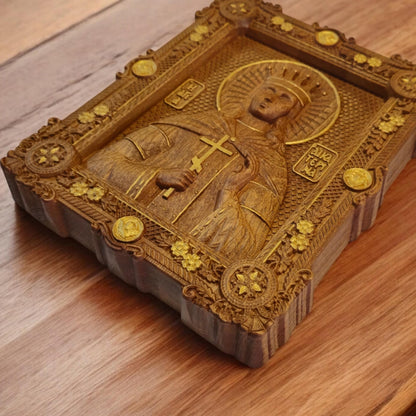 Saint Catherine Wooden Carved Handcrafted Christian Religious Icon. Byzantine Home Wall Art Decor Gift. Orthodox Greek Woodcarving Sculpture.
