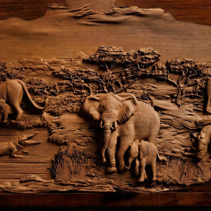African Nature Scene Wooden Bas Relief | Wood Panel Art | Sculptural Gift Idea