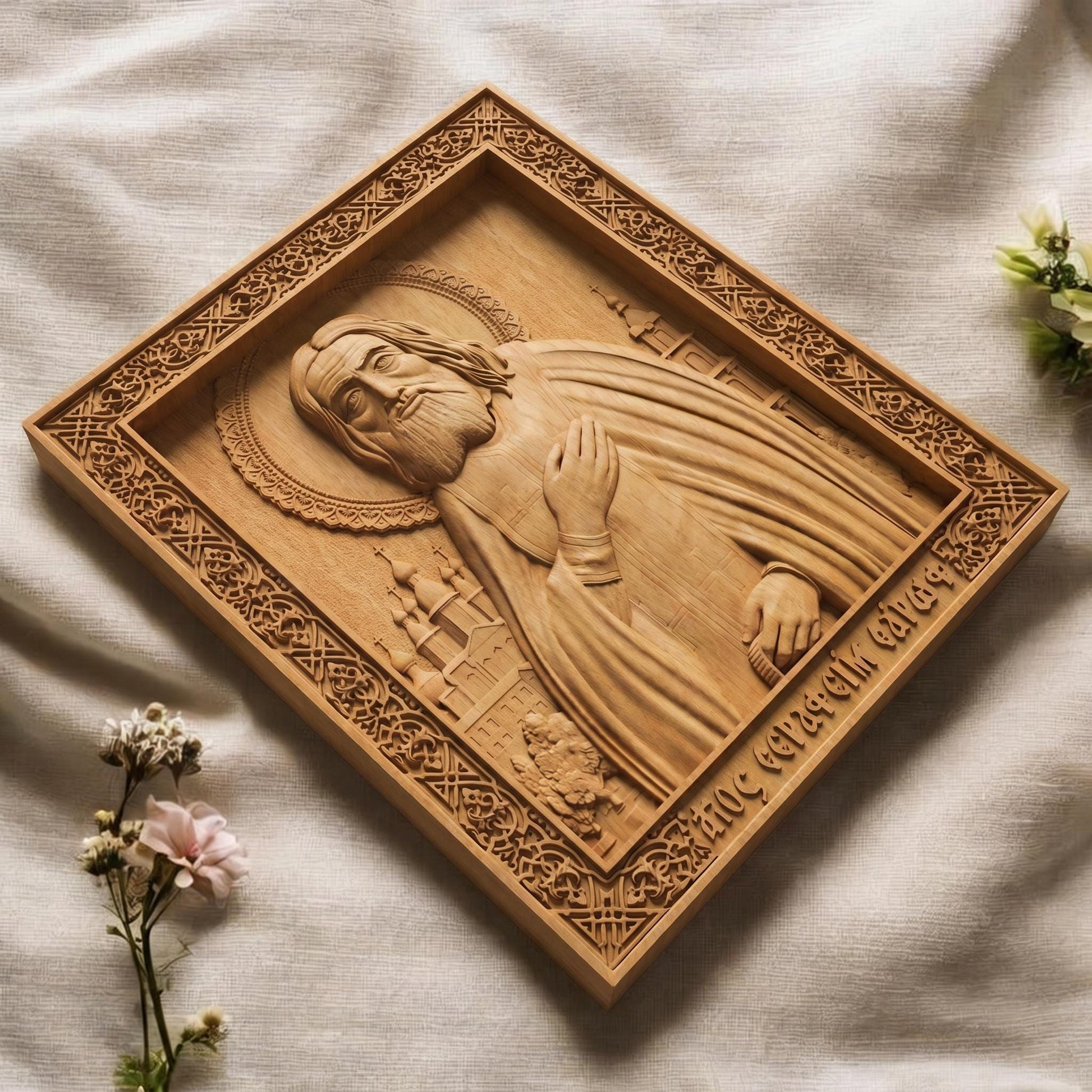 Saint Seraphim of Sarov Wooden Carved Handmade Christian Wooden Carved Handmade Christian Icon Flat Side Natural Wood Color Cretan Holy Carvings