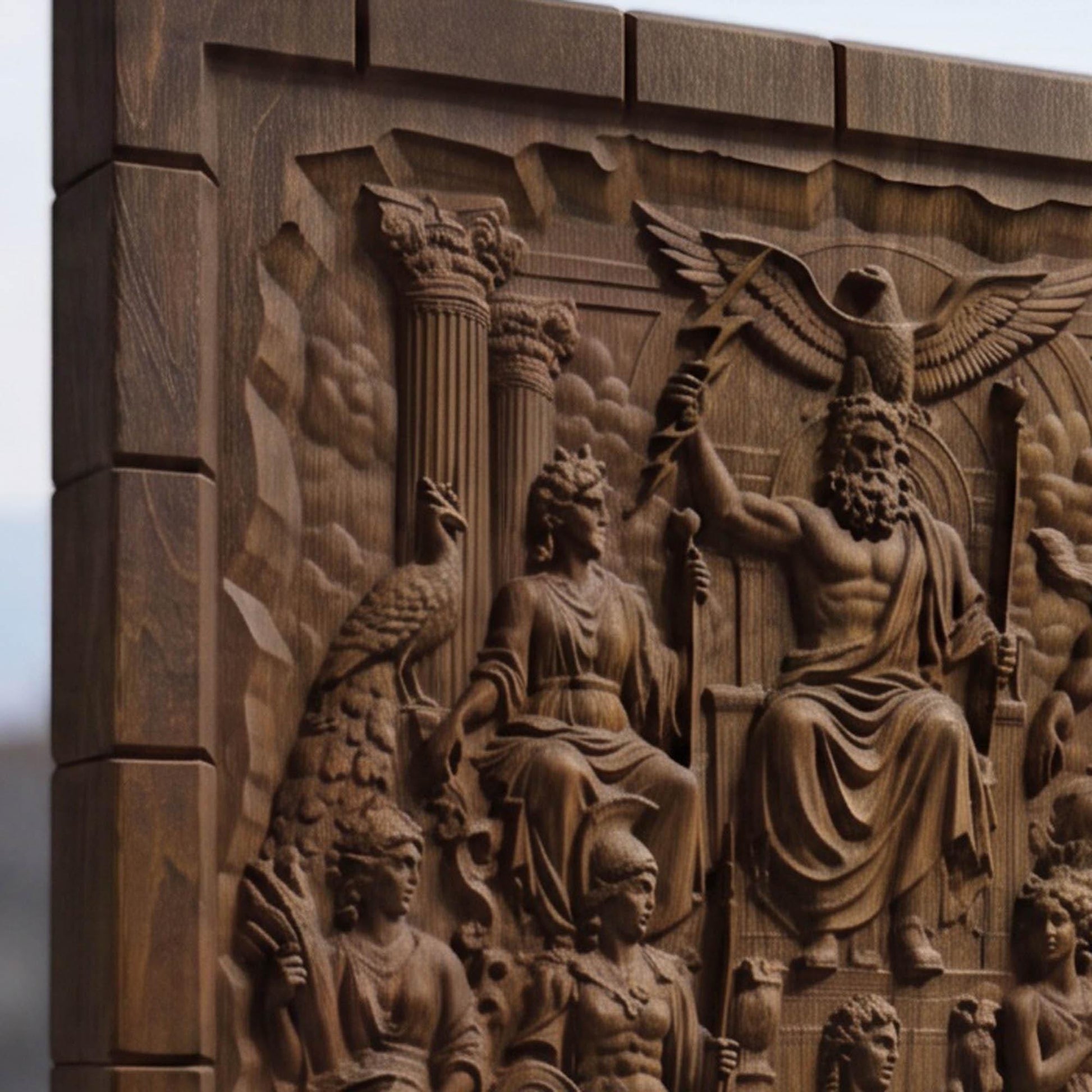 The Gathering of Olympian Gods 3D Wooden Bas Relief Panel Art Sculptural Gift Idea Cretan Holy Carvings