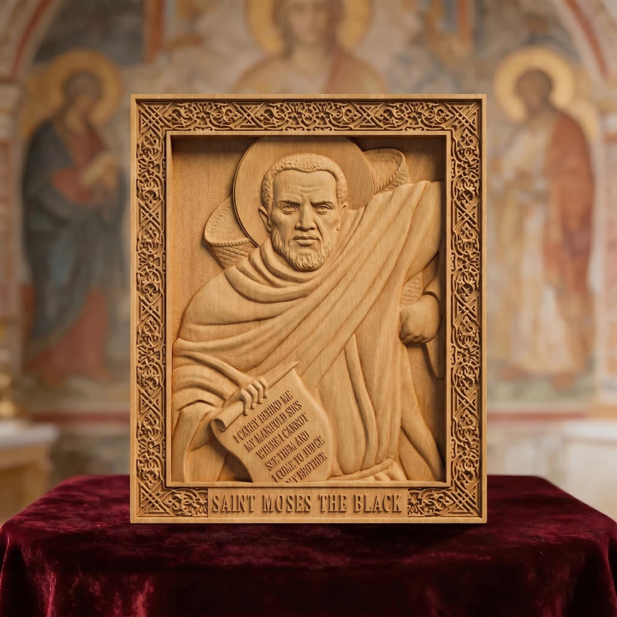 Saint Moses the Black Wooden Carved Handmade Christian Icon Patron Saint of Africa and non-violence Front Side Natural Wood Color Cretan Holy Carvings