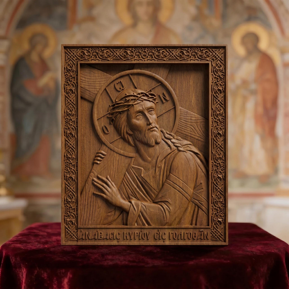 Jesus Christ Ascent to Golgotha Wooden Carved Handmade Christian Icon Front Side Brown Oak Cretan Holy Carvings