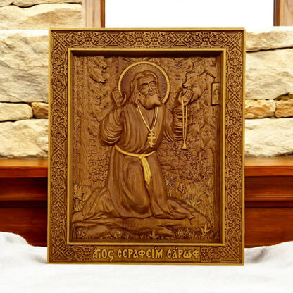 Saint Seraphim of Sarov Wooden Carved Handmade Christian Icon. Byzantine Greek Orthodox Home Decor.