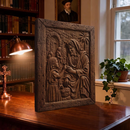 Jesus Blessing a Child Wooden Carved Handmade Christian Icon  Byzantine Greek Orthodox Home Decor Cretan Holy Carvings