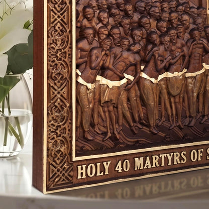 Forty Martyrs of Sebaste Wooden Carved Handmade Christian Icon Left Side Golden Brown Cretan Holy Carvings