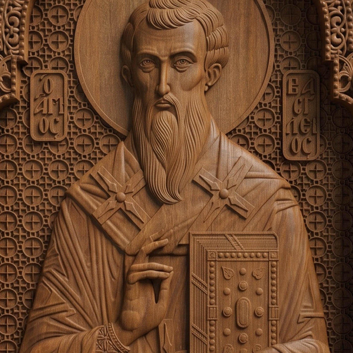 Saint Basil the Great Wooden Carved Handmade Christian Icon Patron Saint of the Poor Front Side Brown Oak Cretan Holy Carvings