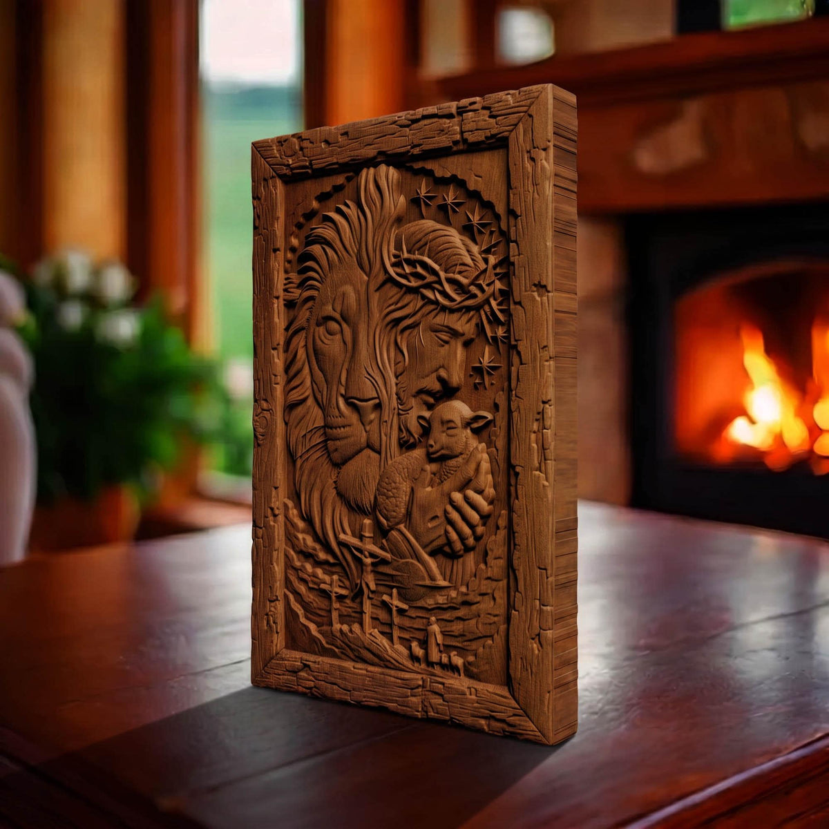 Jesus Christ the Lion Wooden Carved Handmade Christian Icon  Byzantine Greek Orthodox Home Art Decor Cretan Holy Carvings