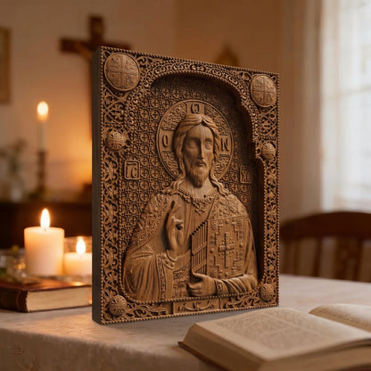 Jesus Christ Wooden Carved Handmade Christian Icon Left Side Brown Oak Cretan Holy Carvings