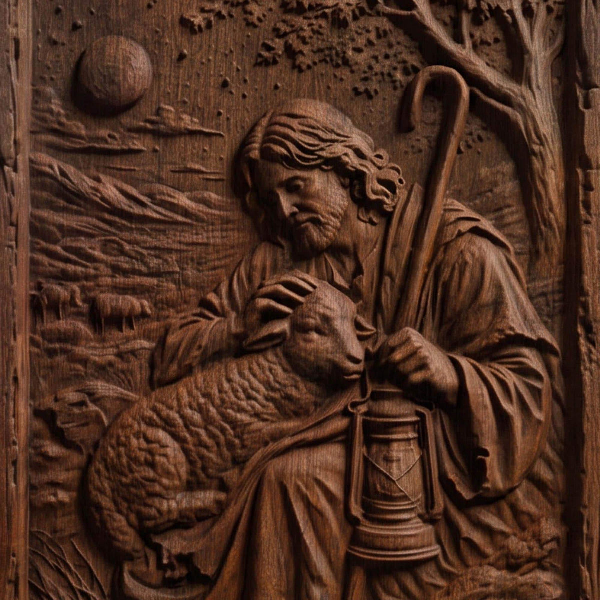 Jesus Christ the Shepherd Wooden Carved Handmade Christian Icon  Byzantine Greek Orthodox Home Decor Cretan Holy Carvings