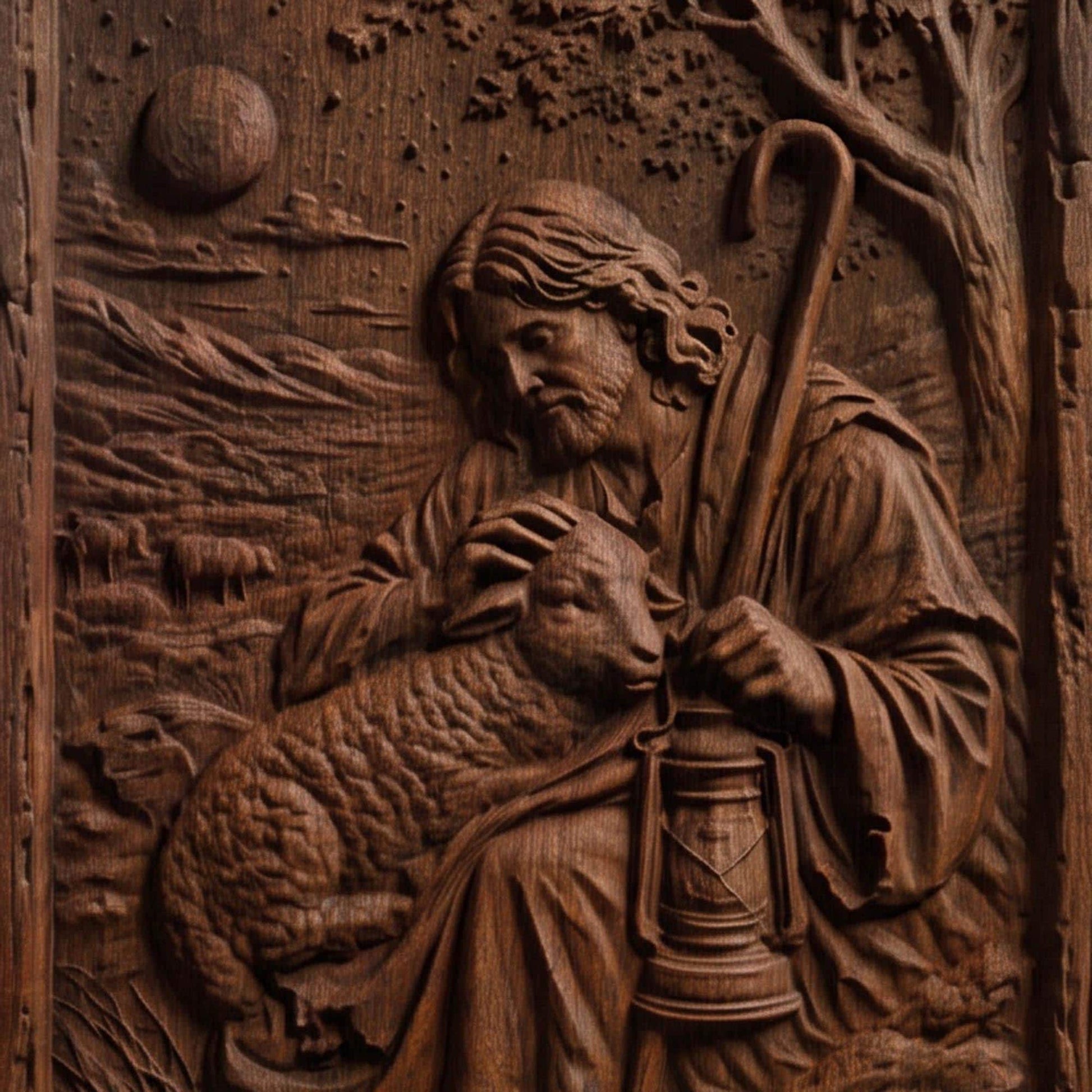 Jesus Christ the Shepherd Wooden Carved Handmade Christian Icon  Byzantine Greek Orthodox Home Decor Cretan Holy Carvings