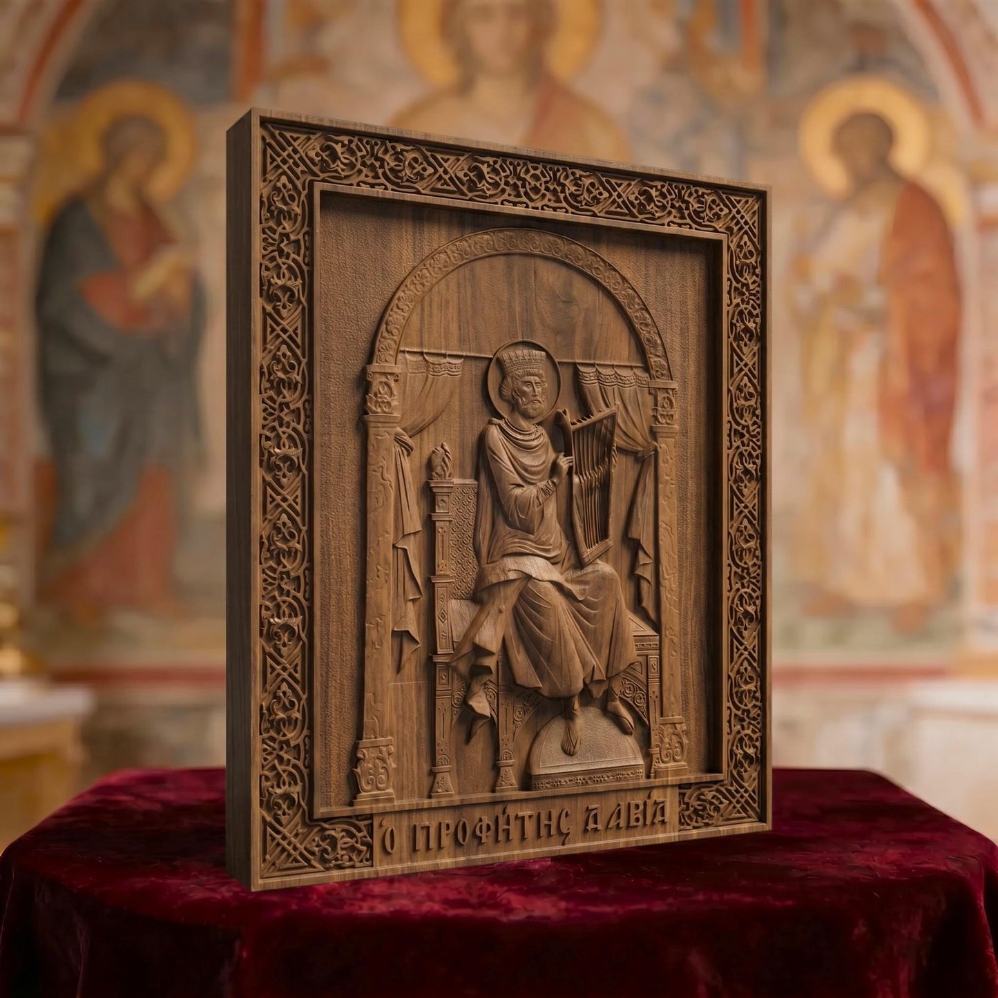 Prophet and King David Wooden Carved Handmade Christian Icon Left Side Brown Oak Cretan Holy Carvings