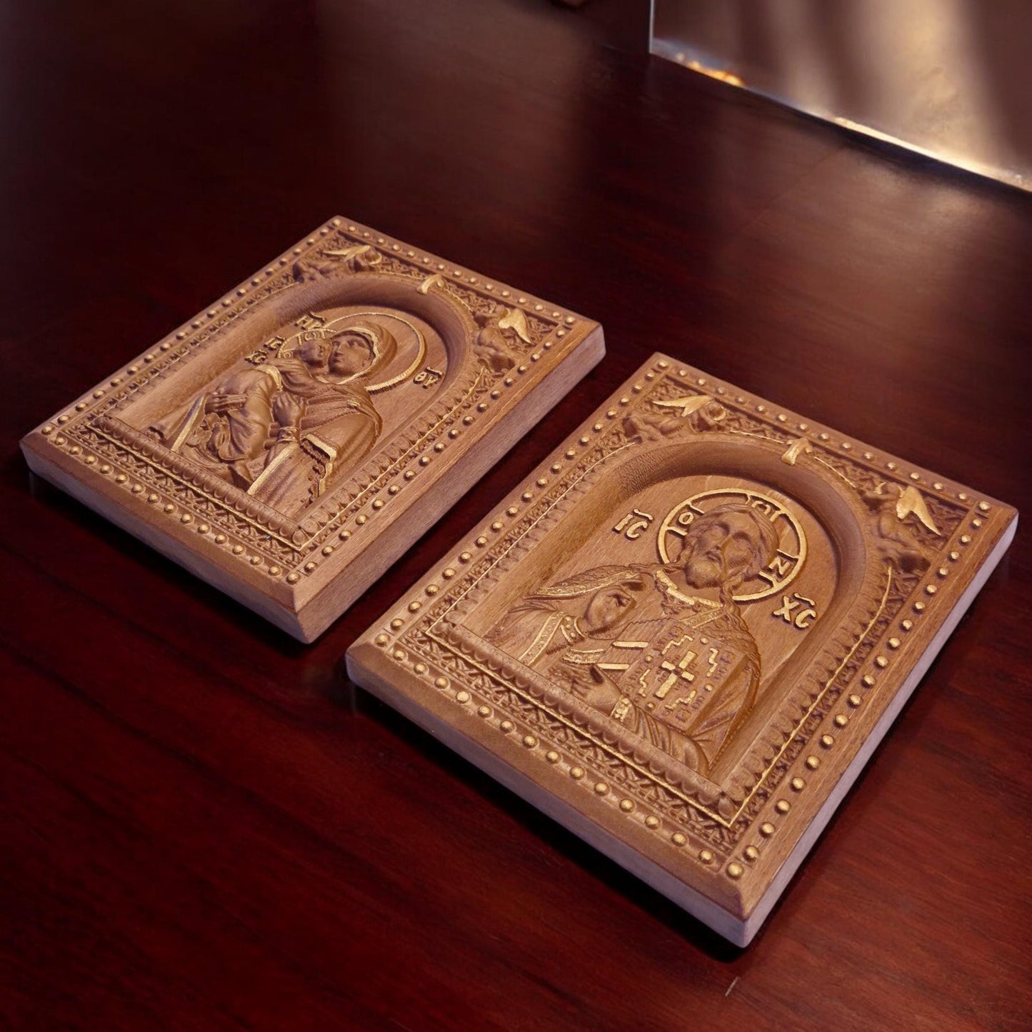 Christ and Mother of God Set Two Wooden Carved Handmade Christian Icons | Byzantine Greek Orthodox Home Art Decor