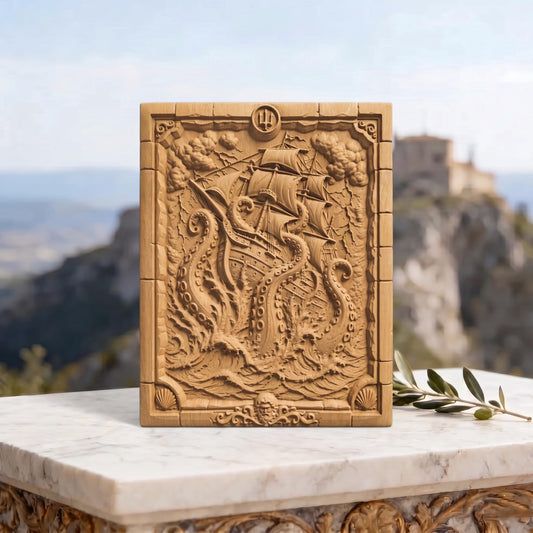Kraken Drawing a Ship from Ancient Greek Mythology 3D Wooden Bas Relief Panel Art Sculptural Gift Idea Cretan Holy Carvings
